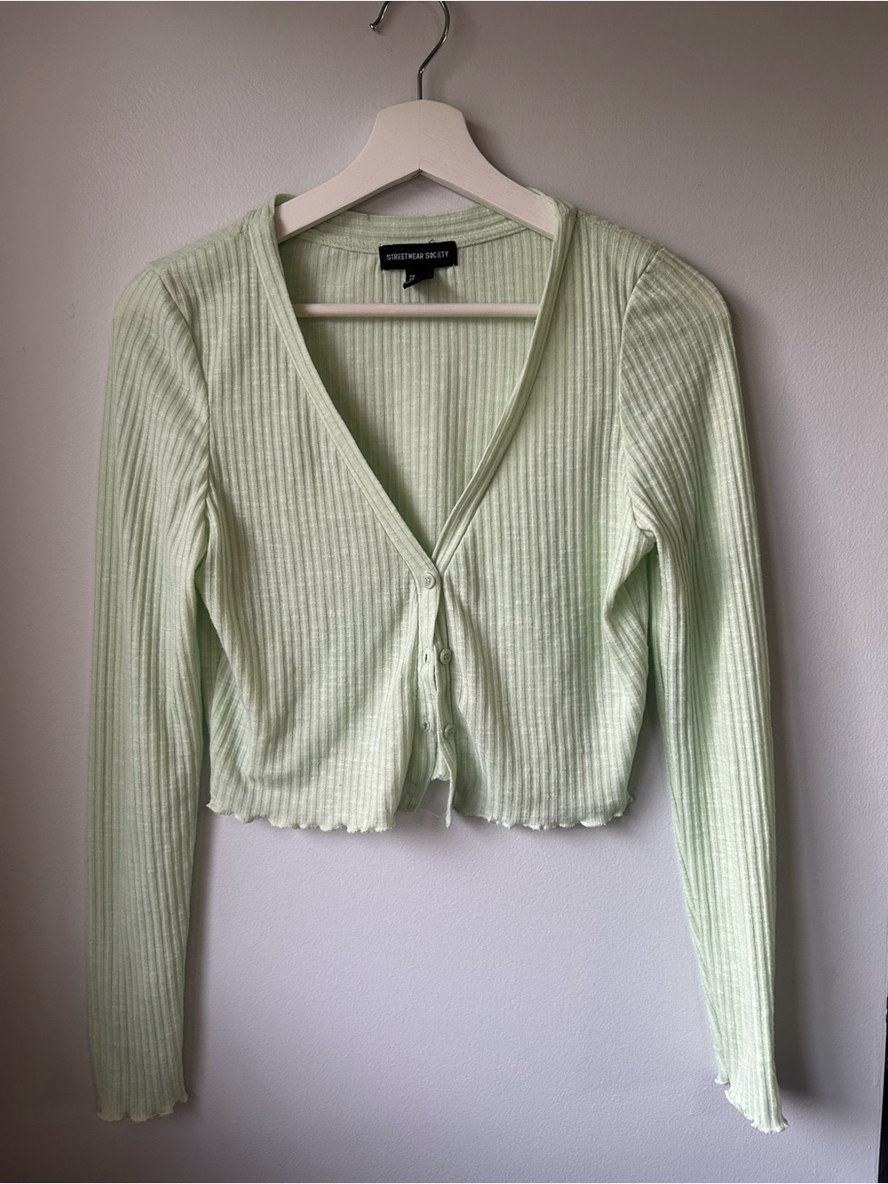 Streetwear Society Light Green Ribbed V-Neck Crop Cardigan